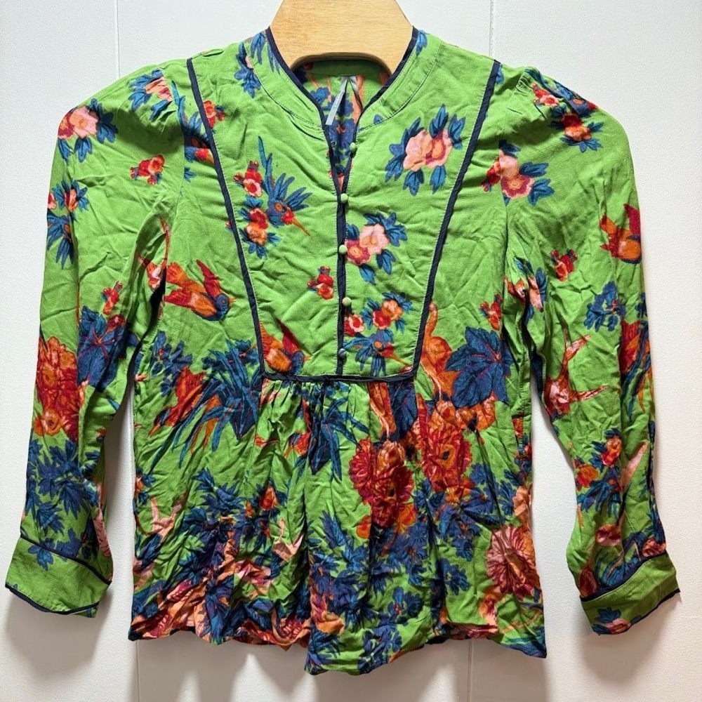 Anthropologie Tropical Bird Floral Print Blouse Green Long Sleeve Top Medium NEW